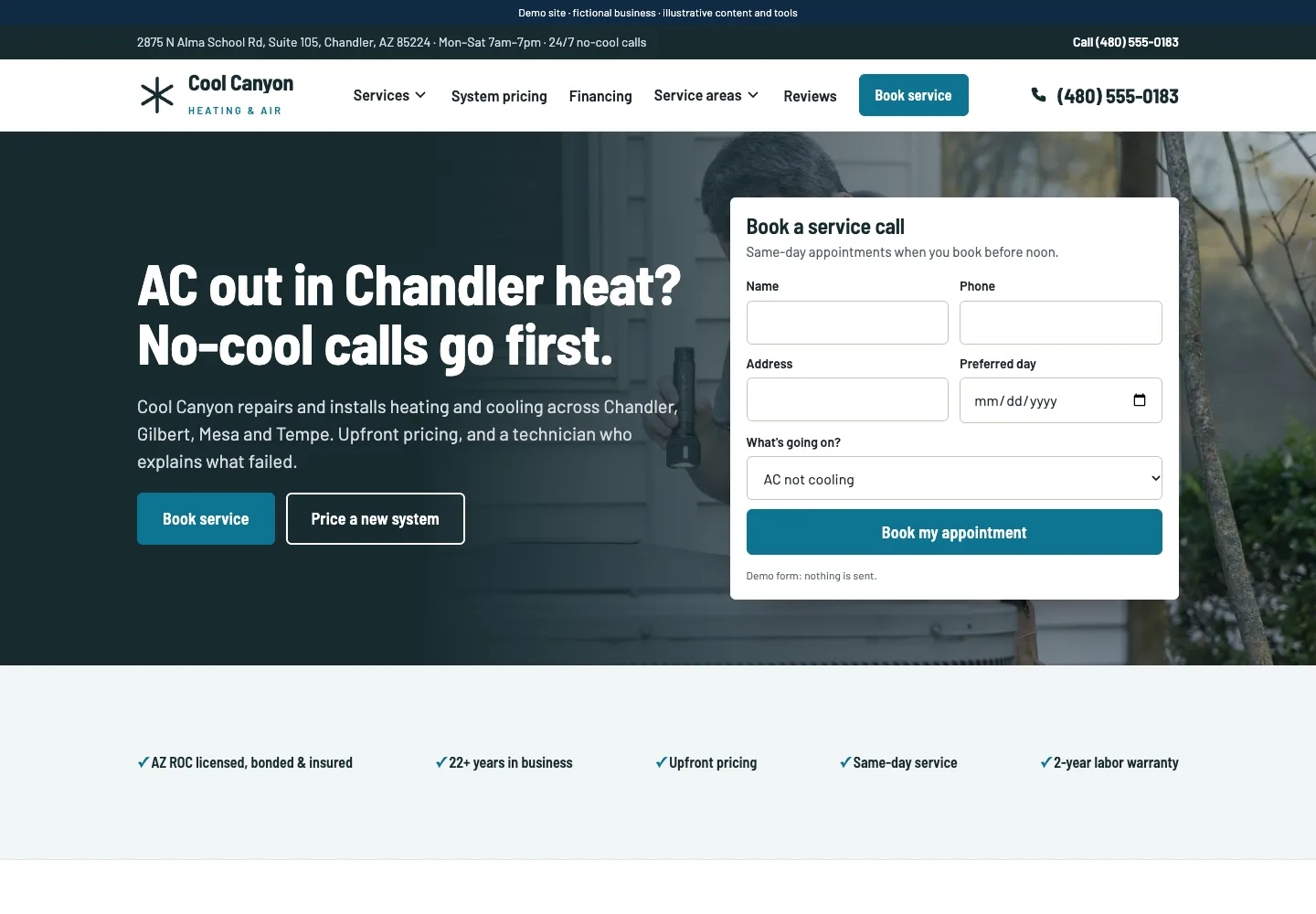 Hvac website demo, shown as an illustrative design example