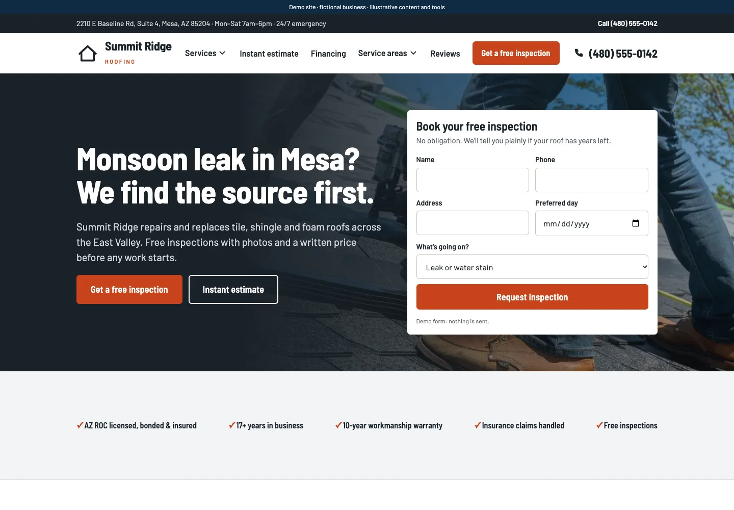 Roofing website demo, shown as an illustrative design example