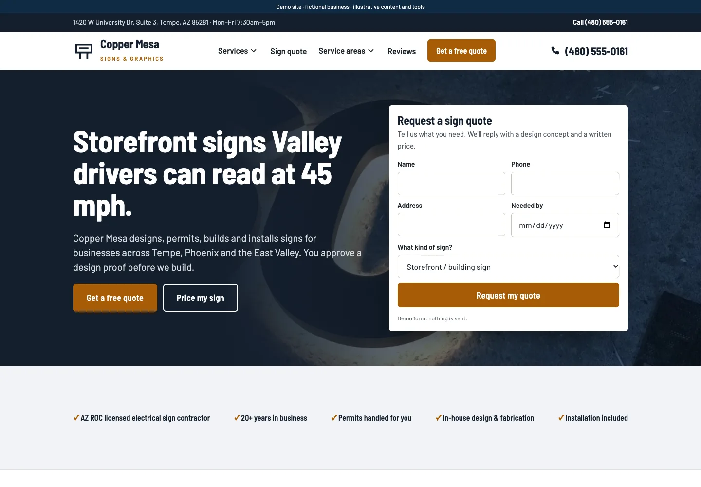 Signs website demo, shown as an illustrative design example