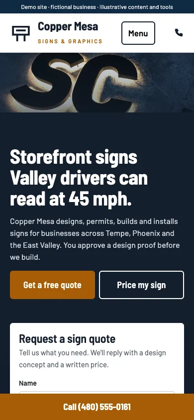 Signs demo website on mobile, showing its service introduction and contact navigation