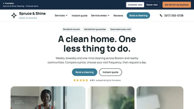 Homepage of the Spruce & Shine Cleaning demo site