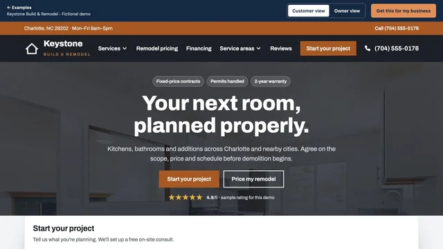 Homepage of the Keystone Build & Remodel demo site