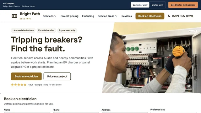 Homepage of the Bright Path Electric demo site