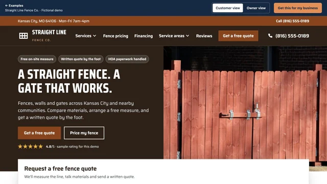 Homepage of the Straight Line Fence Co. demo site