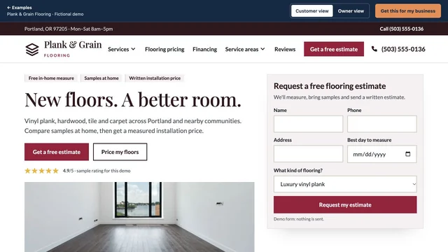 Homepage of the Plank & Grain Flooring demo site