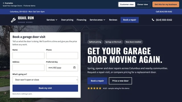Homepage of the Quail Run Garage Doors demo site
