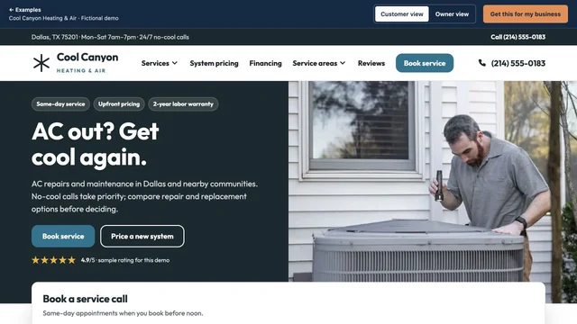 Homepage of the Cool Canyon Heating & Air demo site