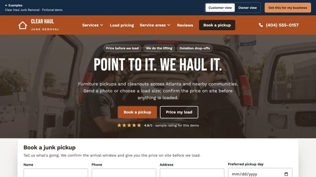 Homepage of the Clear Haul Junk Removal demo site