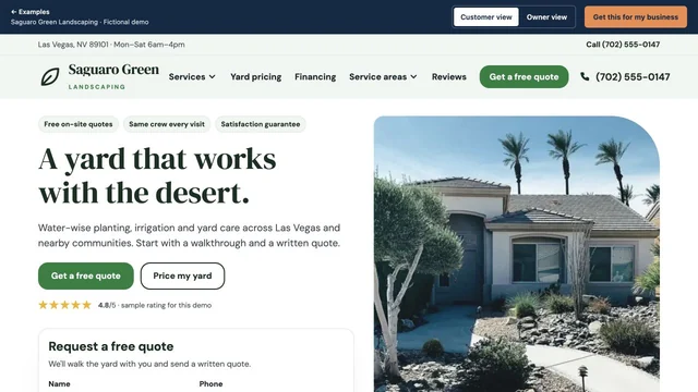 Homepage of the Saguaro Green Landscaping demo site