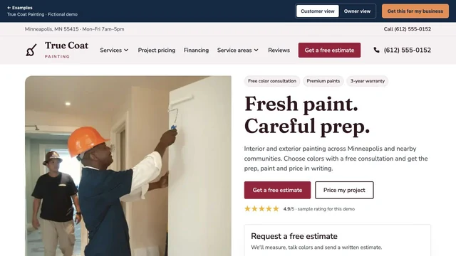 Homepage of the True Coat Painting demo site
