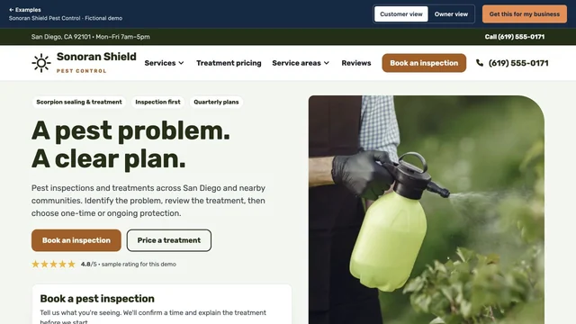 Homepage of the Sonoran Shield Pest Control demo site