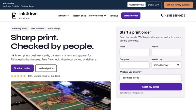 Homepage of the Ink & Iron Print Co. demo site