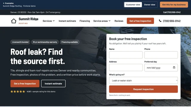 Homepage of the Summit Ridge Roofing demo site