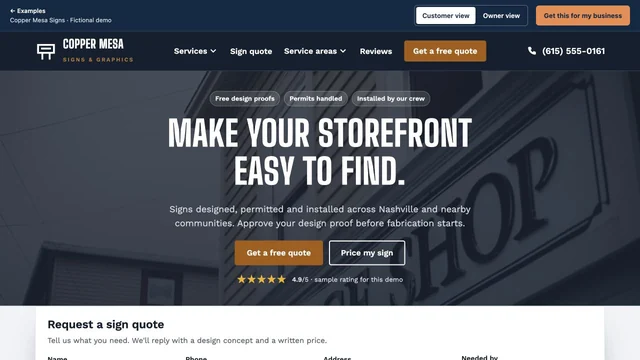 Homepage of the Copper Mesa Signs demo site