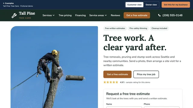 Homepage of the Tall Pine Tree Care demo site